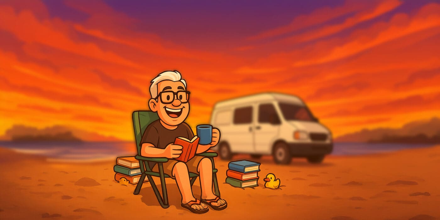 Scotty Boxa cartoon reading a book with sunset backdrop – homepage hero image