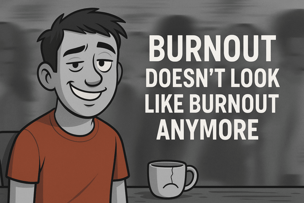 Person smiling while holding a phone, surrounded by floating tabs, unread messages, and blurred faces — visual metaphor for high-functioning burnout, emotional exhaustion, and the hidden toll of “looking fine” while mentally drained.